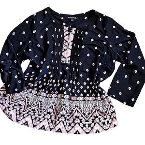 Sharagano Bohemian Black & Pink Georgette Tunic Blouse 2x